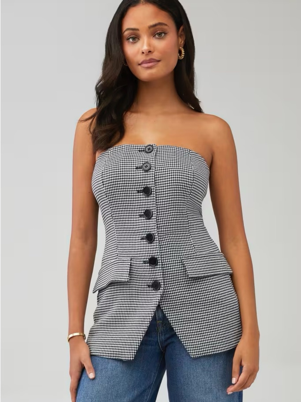 Peter Som Black and White Houndstooth Strapless Button-Front Top